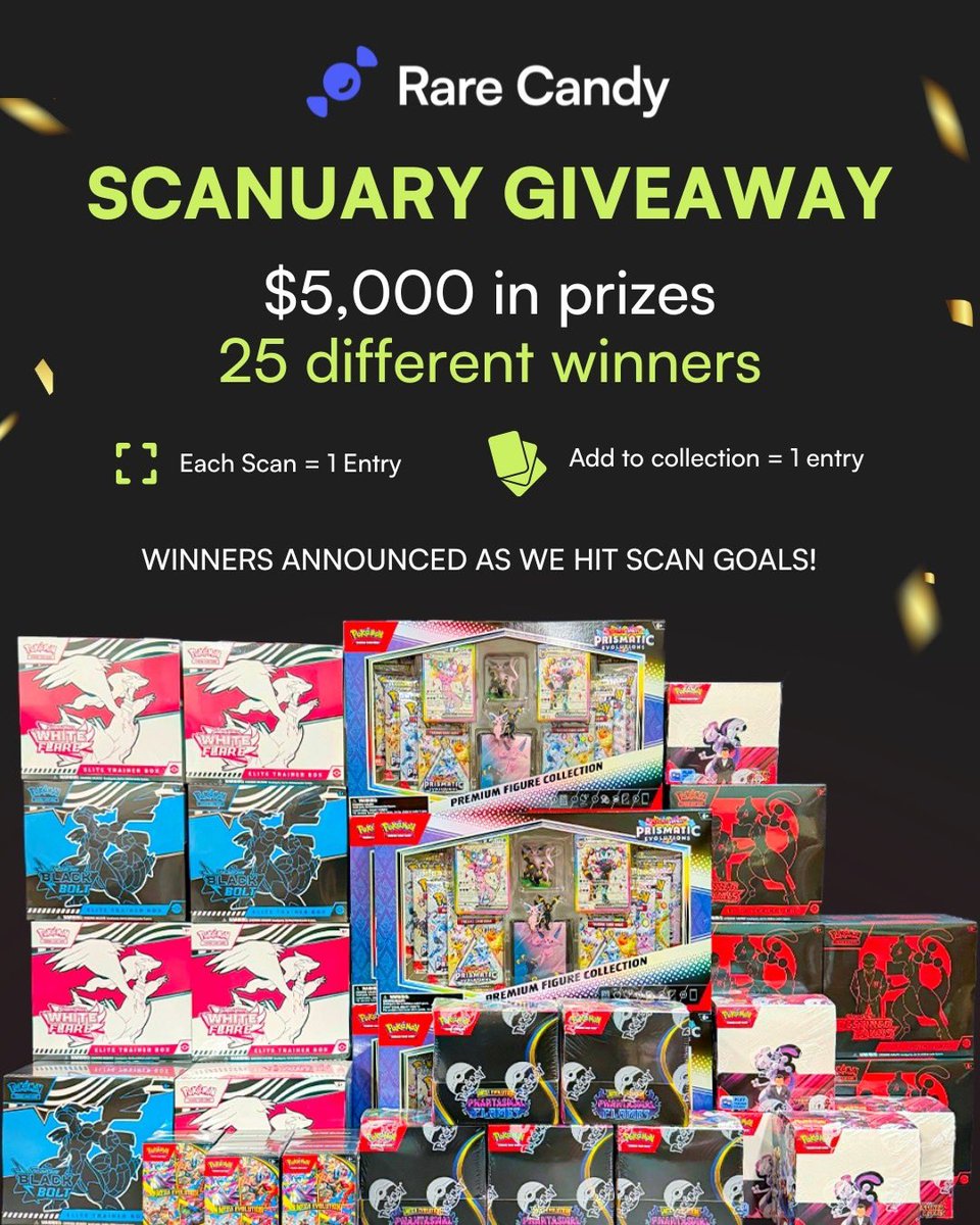RareCandy's tweet image. 🚨 SCANUARY - A Goal Based Rare Candy Community Challenge!

🍬 Rare Candy is a free collecting tool so our Card Scanner has unlimited uses!

🤯 During SCANUARY the more you scan the more prizes unlock!

Every Scan = 1 Entry
Every Add to Collection = 1 Entry