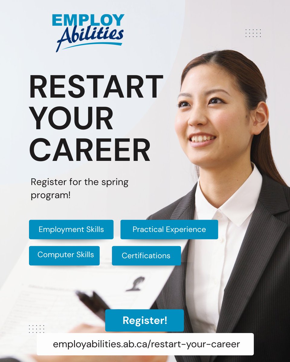 EmployAbilities's tweet image. New year, new career?

Train to get the job you want this year! Restart Your Career provides 24 weeks of practical training and an employment placement (at no cost) to help take your career in a new direction.

The next intake is in March. Apply today!
employabilities.ab.ca/restart-your-c…