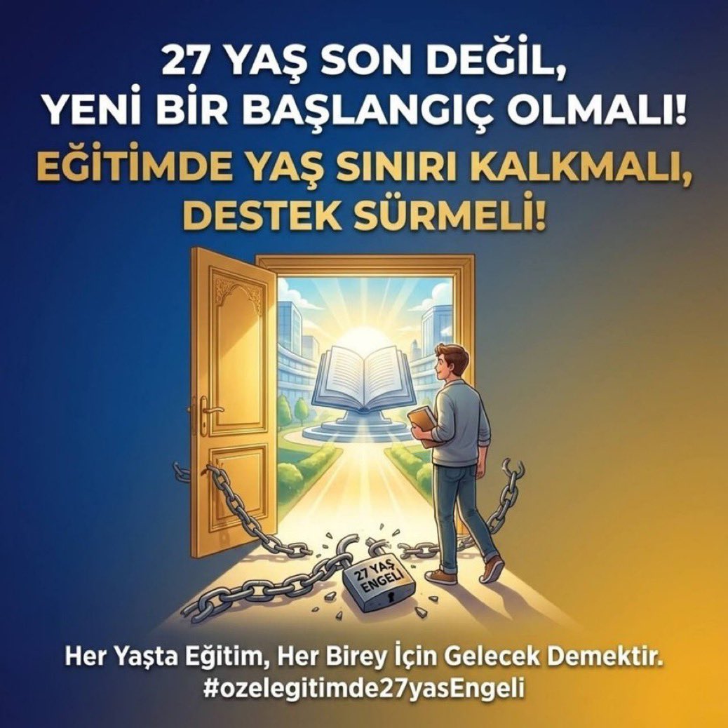 Özel eğitimde 27 yaş sınırlaması bu gün bize yarın size sorun olabilir. Çünkü her yaş grubunda ki herkes engelli adayıdır.
<a href="/RTErdogan/">Recep Tayyip Erdoğan</a> <a href="/cbsbb/">T.C. Cumhurbaşkanlığı Strateji ve Bütçe Başkanlığı</a> <a href="/HMBakanligi/">T.C. Hazine ve Maliye Bakanlığı</a> <a href="/tcailesosyal/">T.C. Aile ve Sosyal Hizmetler Bakanlığı</a> <a href="/tcmeb/">Millî Eğitim Bakanlığı</a>
#ozelegitimde27yasEngeli