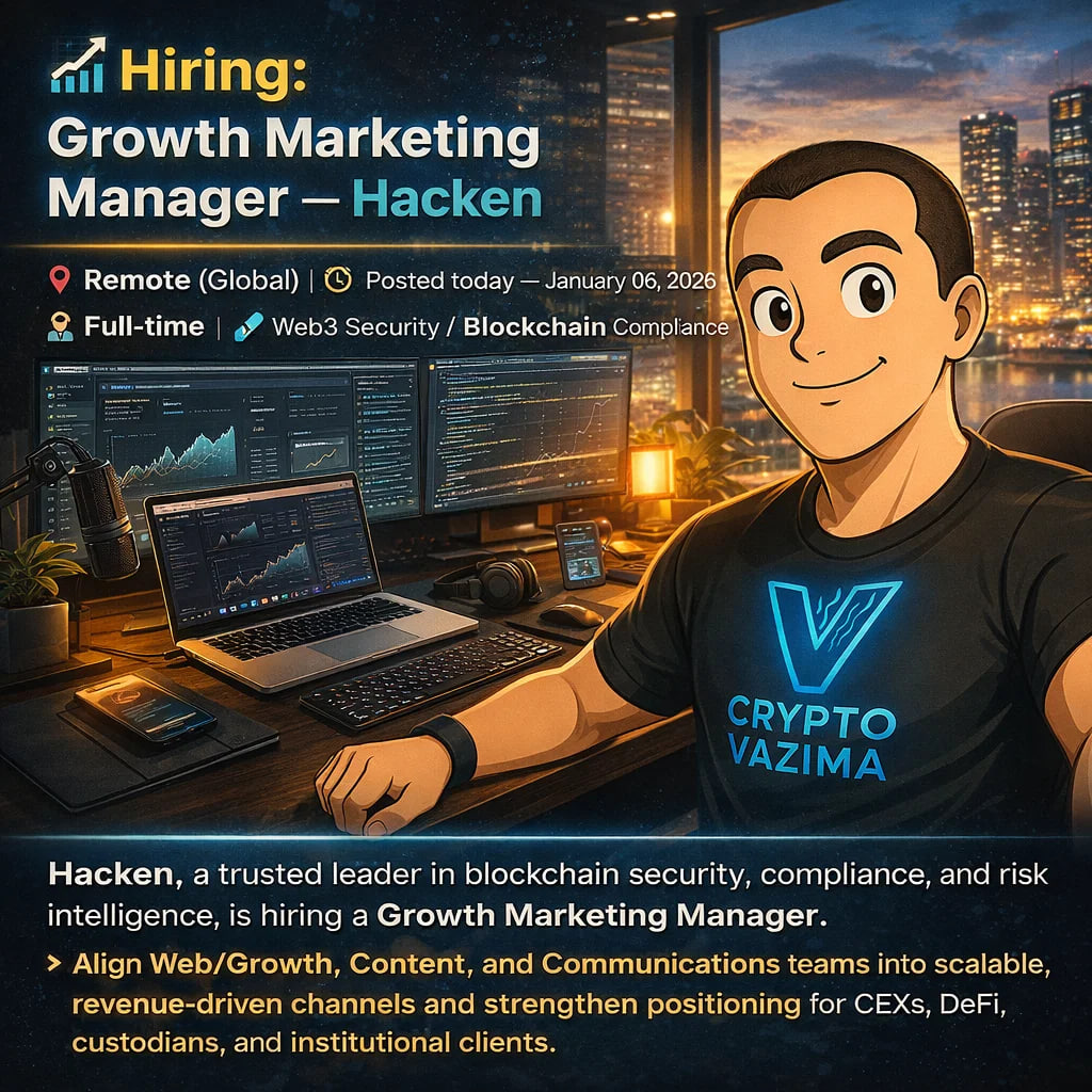 📈 Hiring: Growth Marketing Manager — Hacken 📍 Remote (Global) | 💼  Full-time | 🧑‍💻 Growth / Demand Gen / Web3 Security Hacken, leader in  blockchain security & compliance, is hiring a