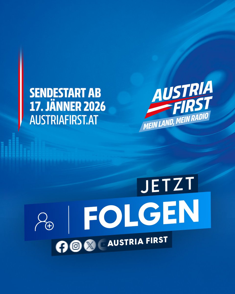 📻 Nur noch 11 Tage, dann geht AUSTRIA FIRST live auf Sendung. Die Zeit bis dahin kannst du nutzen, um AUSTRIA FIRST in den sozialen Medien zu folgen: 

🇦🇹x.com/austriafirst_at
🇦🇹austriafirst.at

Bitte teile unsere Kanäle und lade auch deine Freunde zum Folgen ein‼️