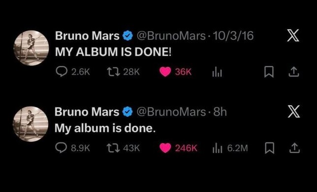 Genius's tweet image. bruno mars announces his next album is done 👀💿 

he posted almost the exact same tweet 10 years ago before dropping 24k magic.