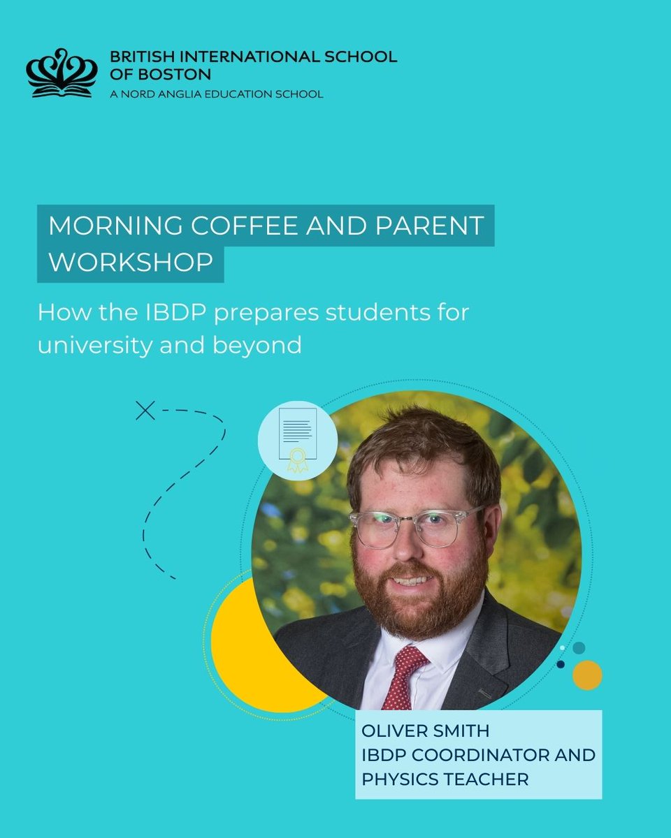 BISB_School's tweet image. Join us Thursday at 8:30 a.m. for Morning Coffee &amp;amp; Parent Workshop! Oliver Smith, #BISB's IBDP Coordinator, will discuss IBDP benefits for university success. Discover why it's the right step for your child! #IBDP #independentschool #AcademicExcellence #BostonSchools