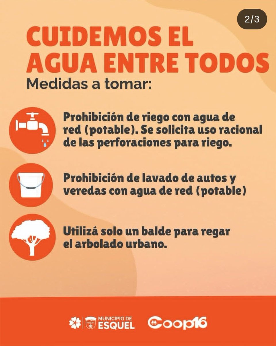 COOP16Ltda's tweet photo. 💧 Emergencia Hídrica en Esquel:

Ante la baja captación de agua, se definieron nuevas medidas para preservar el sistema de abastecimiento en la ciudad.

🚫 Prohibición total del riego con agua de red potable.

📲 Denuncias anónimas por WhatsApp: 2945 651934

💙 Cuidemos el agua https://t.co/t79GVe9UWC