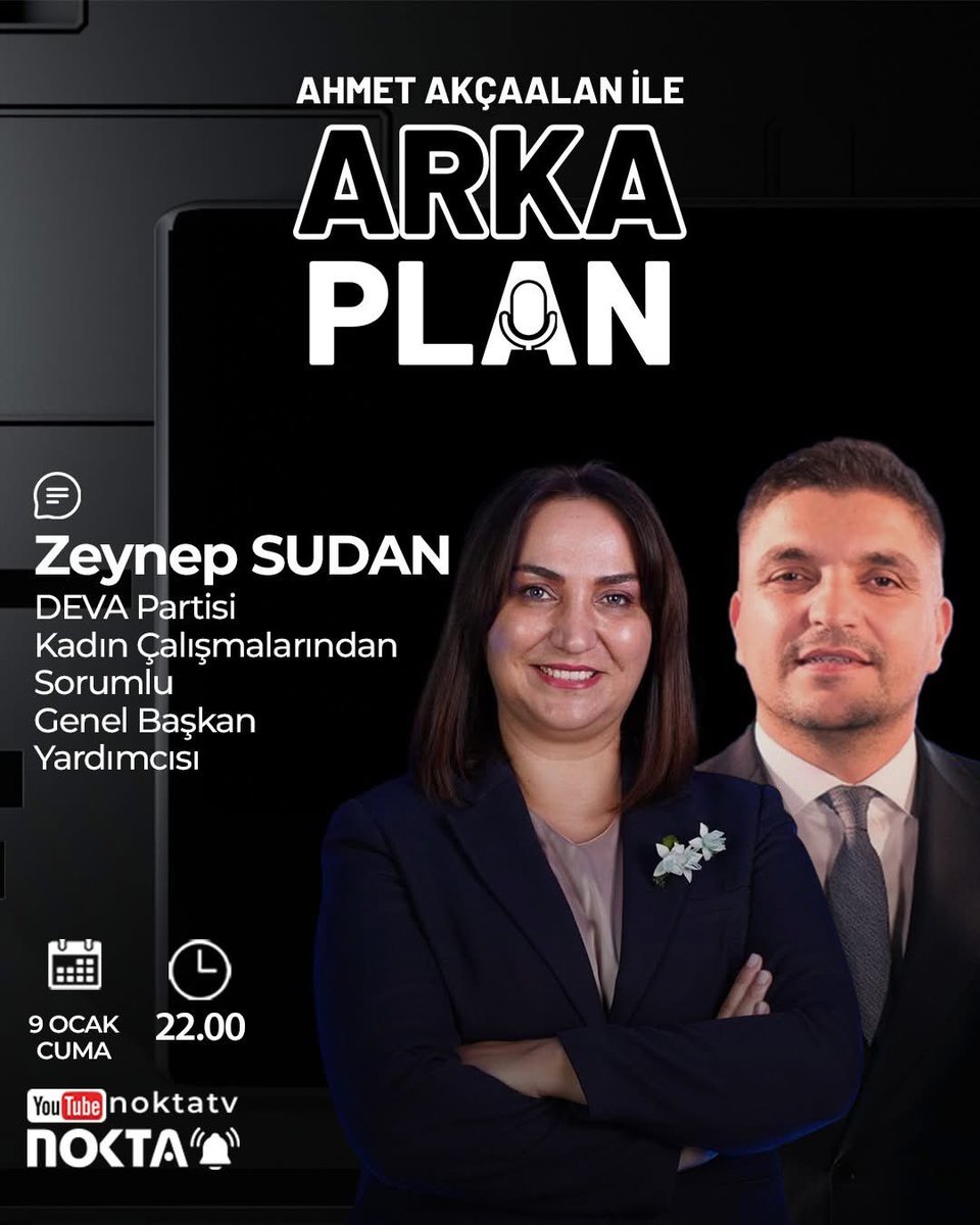 Kadın Çalışmalarından Sorumlu Genel Başkan Yardımcımız Sn. Zeynep SUDAN 9 Ocak Cuma  Ahmet Akçaalan ile Arka Plan’ın konuğu oluyor. İzlemeniz dileğiyle 
🗓️ 9 Ocak Cuma
🕖22.00
📺 YouTube | Nokta TV
<a href="/zeynep_sudan/">Zeynep Sudan</a> <a href="/KadirAbbasioglu/">Kadir Abbasioğlu</a> <a href="/kocaeliyedeva41/">DEVA Partisi Kocaeli İl Başkanlığı</a> <a href="/AkcaalanAhmet/">Ahmet Akçaalan</a> <a href="/noktatvgazetesi/">Nokta Gazetesi & Nokta TV</a>