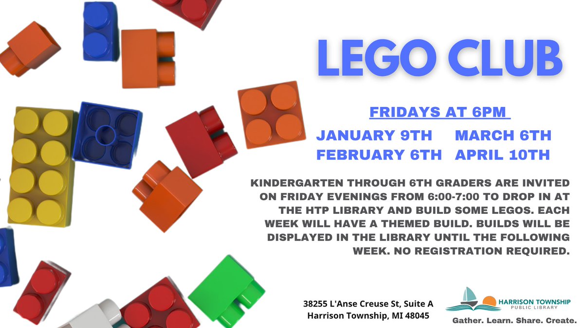 LEGO Club is back for another season! Join us on the first or second Friday of the month at 6:00 p.m. to build some LEGO masterpieces, which will be put on display until the next meeting.