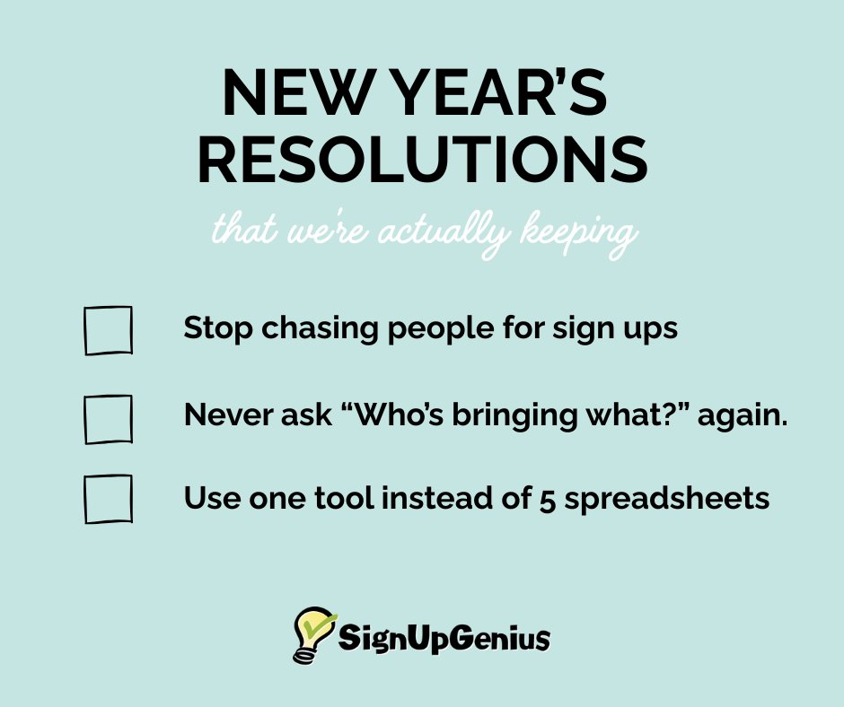 SignUpGenius's tweet photo. New Year’s resolutions we can actually keep:

✔ Fewer spreadsheets
✔ Less follow-up
✔ Smarter organizing

2026 energy ✨
Get 25% off here 👉 https://t.co/iwx8i7QxXX

#NewYearsResolutions #OrganizerLife #SignUpGenius https://t.co/yeohgBvU00