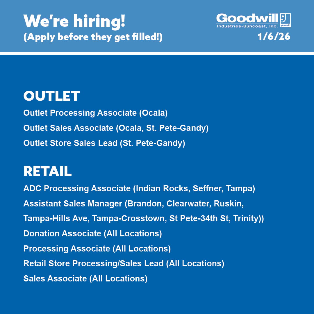 Looking for more than just a job? We offer careers where you can truly make a difference in your community while enjoying top benefits. See our current openings at Goodwill-Suncoast and apply now! Click the link to find out more! ow.ly/gN5H50XSzLG