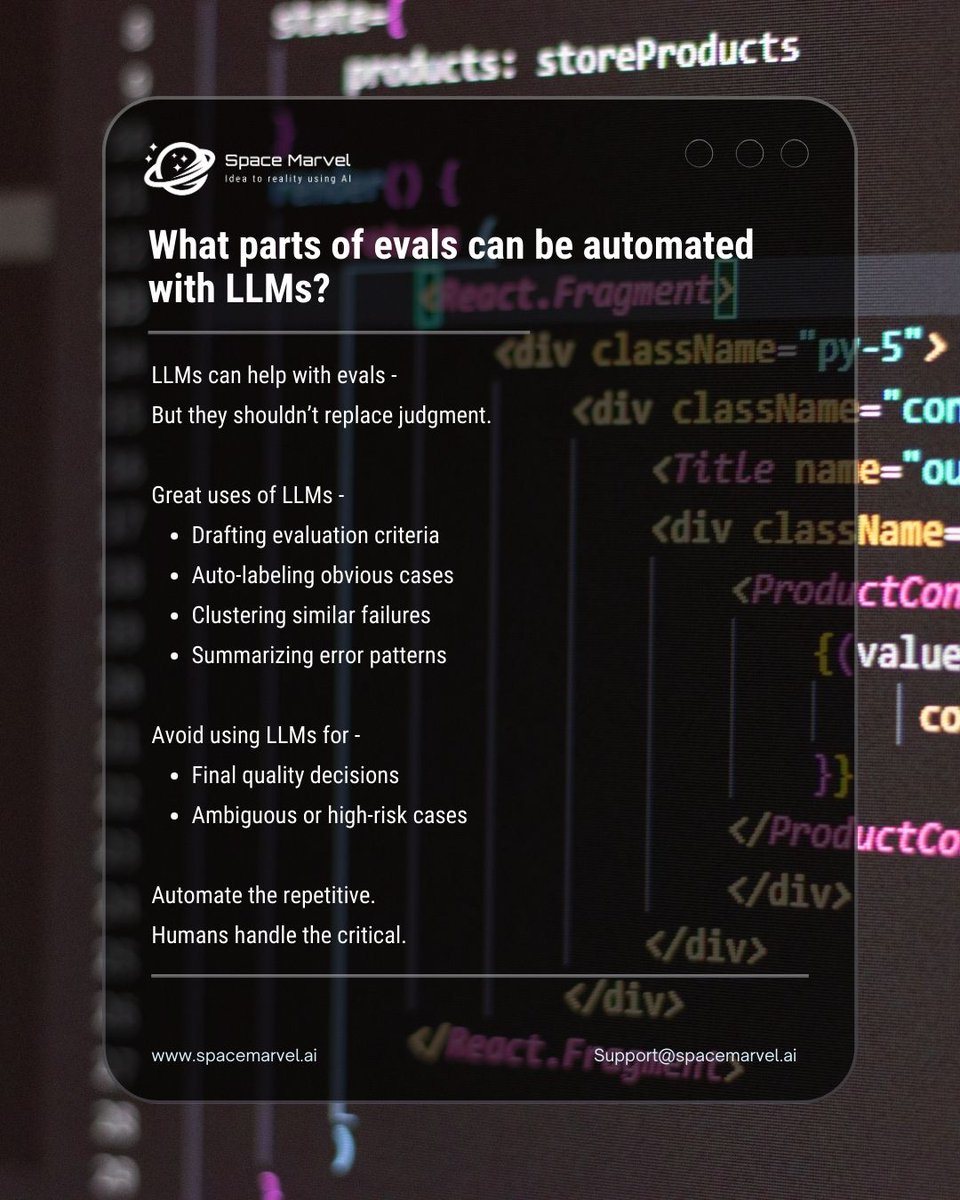 SpaceMarvelAI's tweet photo. What should LLMs evaluate -
and what should stay human? 👇💬 

#AI #GenAI #LLM #AIEvals #HumanInTheLoop #AITesting #MLOps #AIProduct #BuildInPublic #TechInsights https://t.co/T1xs6c0jdE