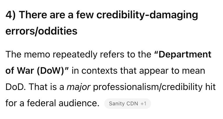 calebwatney's tweet photo. LLMs really don't want to acknowledge the name change to the Department of War https://t.co/T0U9QSP2V2