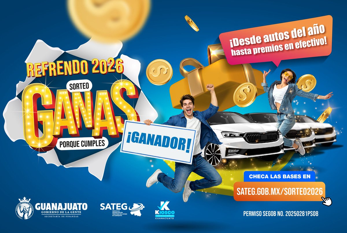 ¡Pagar tu refrendo vehicular sí tiene recompensa! Cumple a tiempo y participa en nuestro sorteo 🚗“Ganas porque cumples”
 
¡Cerca de 300 increíbles premios te esperan!
Casi 3 mil puntos de pago o por 
refrendo.guanajuato.gob.mx
 
Hasta el 31 de marzo 2026.
#GobiernoDeLaGente
