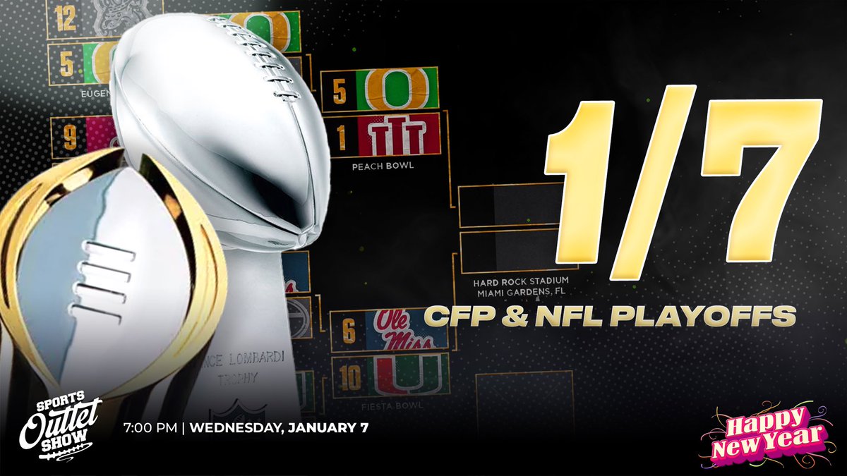outlet_show's tweet photo. New Year. New Champions. Same Sports Outlet Show on Wednesday Nights at 7:00 pm 😎 

It’s a massive week for the #CFBPlayoff 

#HottyToddy vs. #GoCanes 

#GoDucks  vs. #NeverDaunted 

We break down those key semifinal games + the all of #NFLPlayoffs Wild Card Weekend tomorrow! https://t.co/psajsnnm7R