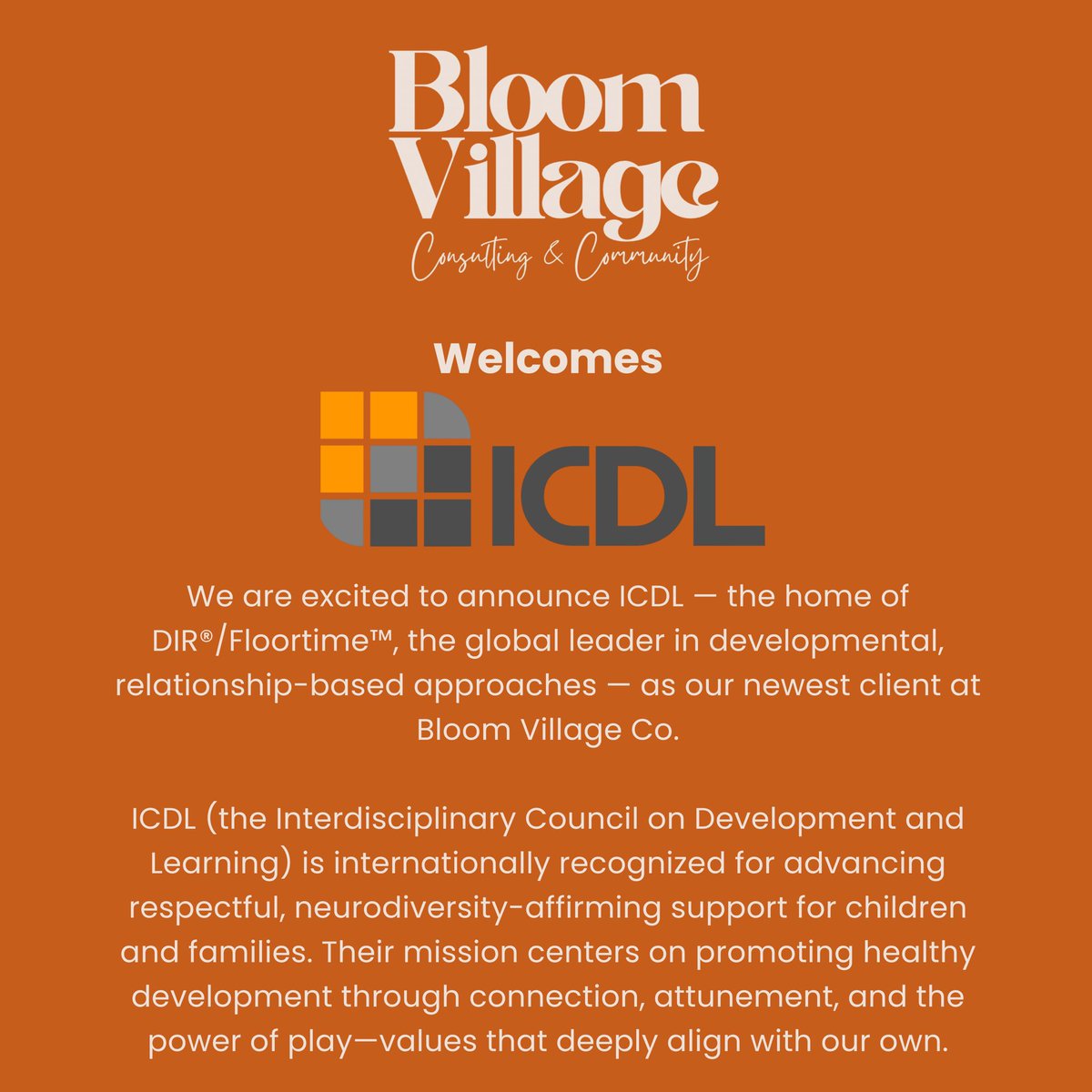 I can finally announce my firm’s partnership with <a href="/dirfloortime/">DIRFloortime</a>.bsky.social! <a href="/bloomvillageco/">Bloom Village Consulting</a> will be supporting ICDL with community engagement &amp; strategic outreach designed to deepen their impact with families, educators, clinicians, and orgs committed to developmental care. ❤️🙏🏽