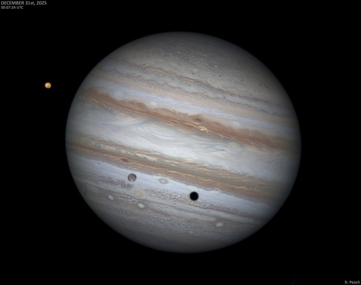 Jupiter with Ganymede &amp; Io on December 31st. The best image from the 30-31st session and of this apparition so far. A brief spell of very good seeing for a change. Ganymede and its shadow are in transit. Io is alongside having emerged from behind the planet.