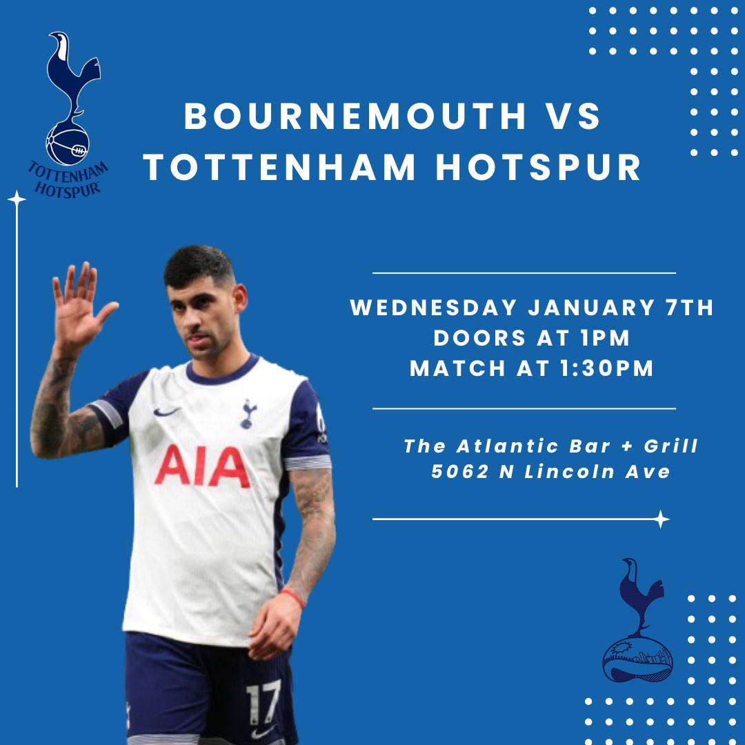 Join us tomorrow afternoon for a PL match!
Doors at 1. 
Match at 1:30.
#thfc #tottenham #coys #chicagospurs