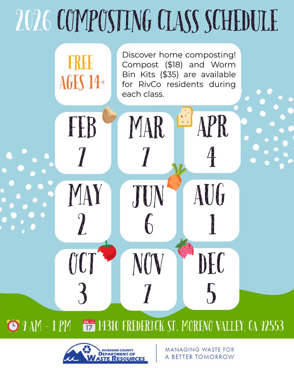 RCWaste's tweet image. New Year, New Workshop Dates! 🌱

Almost every month, the Department hosts FREE in-person workshops on Backyard Composting, Vermicomposting, &amp;amp; Making Your Own Worm Bins. No registration required. 

#Free #Classes #Composting #RivCo #RiversideCounty #RCWaste
