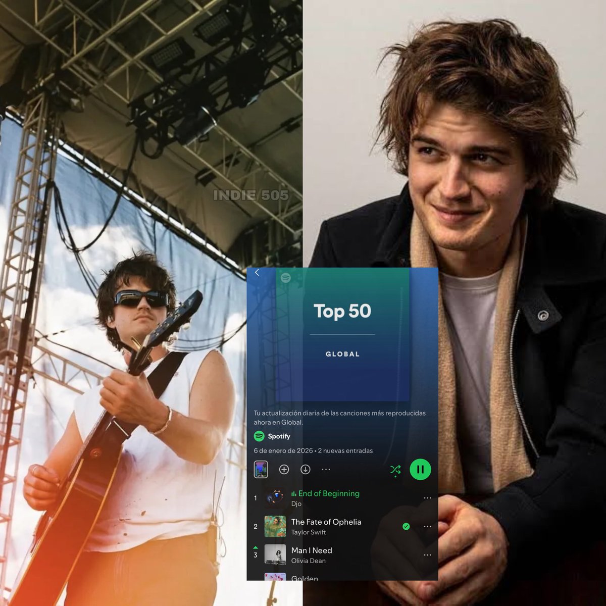 Indie5051's tweet image. NÚMERO 1 DEL MUNDO  

'End of Beginning' de Djo (Joe Keery) ha pasado una semana completa en el puesto número 1 del Top global de Spotify.