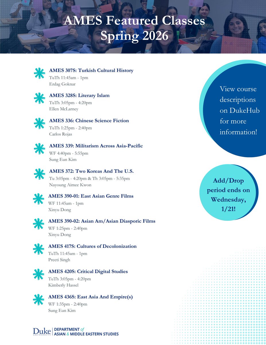 Welcome back to the spring semester! 

Students - be sure to check out our featured classes before the drop/add period ends on 1/21!