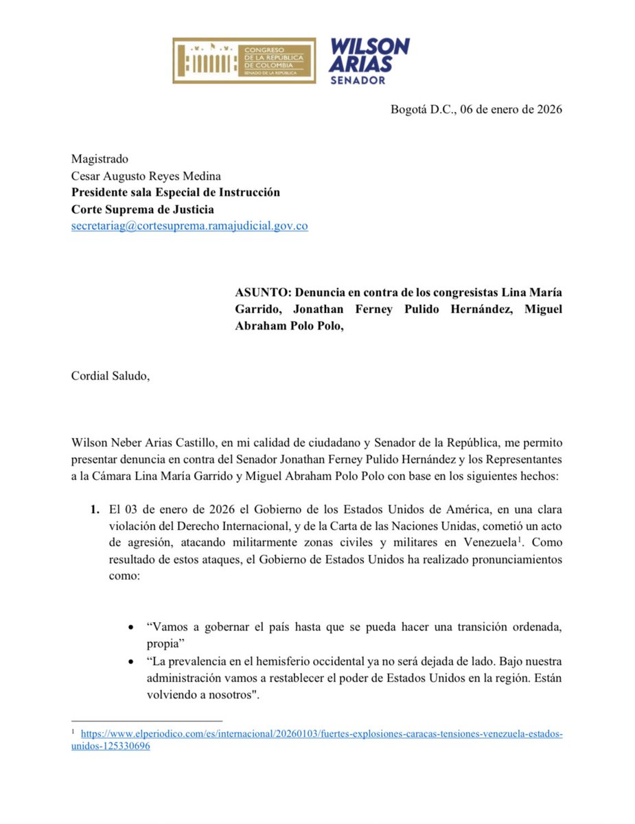 wilsonariasc's tweet photo. He presentado ante la C.S.J. denuncia penal contra los congresistas Lina María Garrido, Jonathan Ferney Pulido y Miguel Abraham Polo Polo por presuntas  conductas que enmarcarían en los tipos penales de instigación a la guerra (art. 458 CP) y menoscabo de la integridad nacional (455)👇🏾