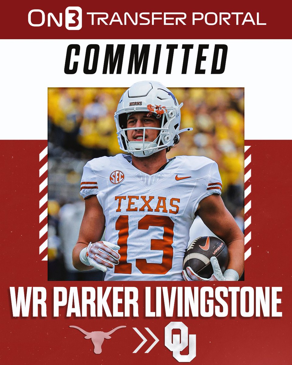 On3sports's tweet image. BREAKING: Texas transfer WR Parker Livingstone has committed to Oklahoma, @Hayesfawcett3 and @PeteNakos report⭕️

on3.com/transfer-porta…