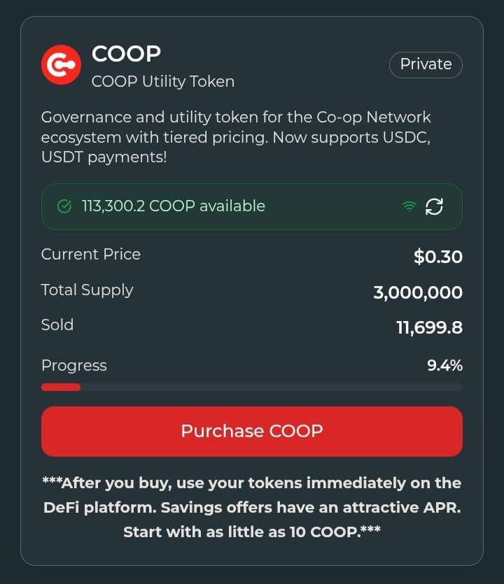 Presale Alert, TCNDAO Community!🚨

The Coop Network presale is live and moving fast! This is your window to secure $COOP tokens early and become part of a truly community-owned financial future.

Insured deposits, 0% loans, real-world asset yields, governance power, and more.