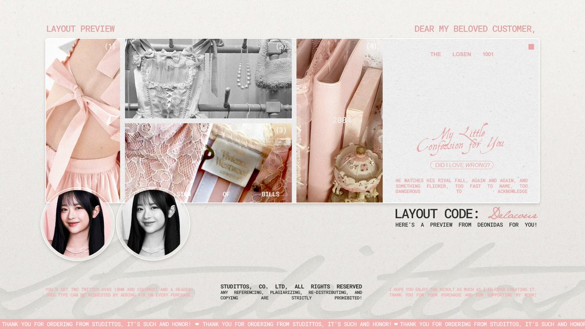 Studittos's tweet image. Help me to RT/REPOST this?

Selamat malam! Aku membawa 12 READY STOCK untuk katalog 'DELACOUR' dengan muse HANNI, MINJI, ILLIT MINJU, WINTER, dan WONYOUNG yang bisa langsung kalian take melalui DM, ya!

📩: via DM!
💵: 8k/each, FREE RE-TEXT!

#zonauang #zonaba #zonabu