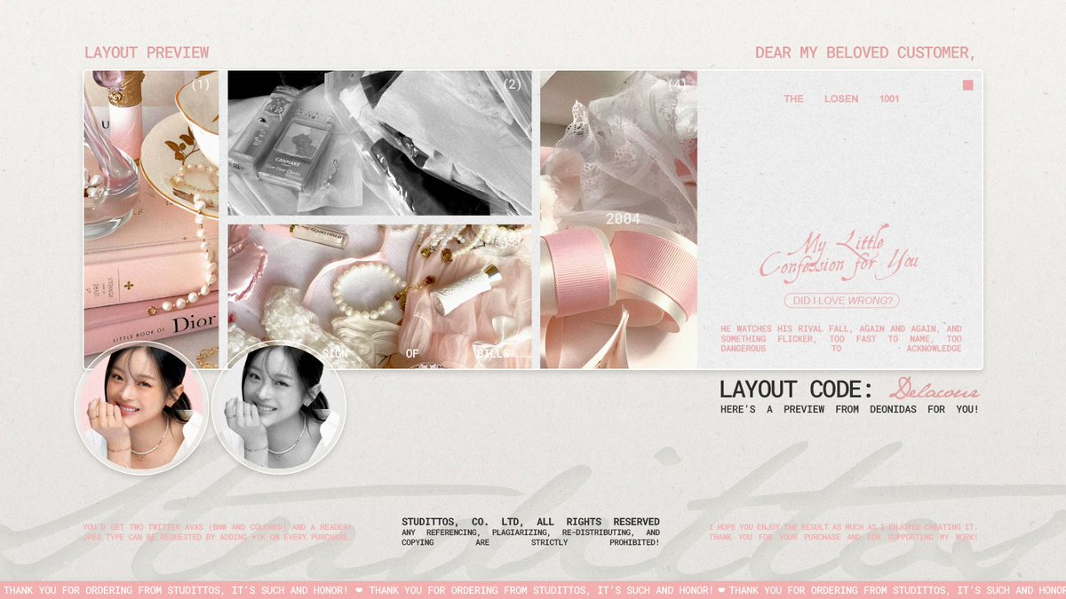 Studittos's tweet image. Help me to RT/REPOST this?

Selamat malam! Aku membawa 12 READY STOCK untuk katalog 'DELACOUR' dengan muse HANNI, MINJI, ILLIT MINJU, WINTER, dan WONYOUNG yang bisa langsung kalian take melalui DM, ya!

📩: via DM!
💵: 8k/each, FREE RE-TEXT!

#zonauang #zonaba #zonabu