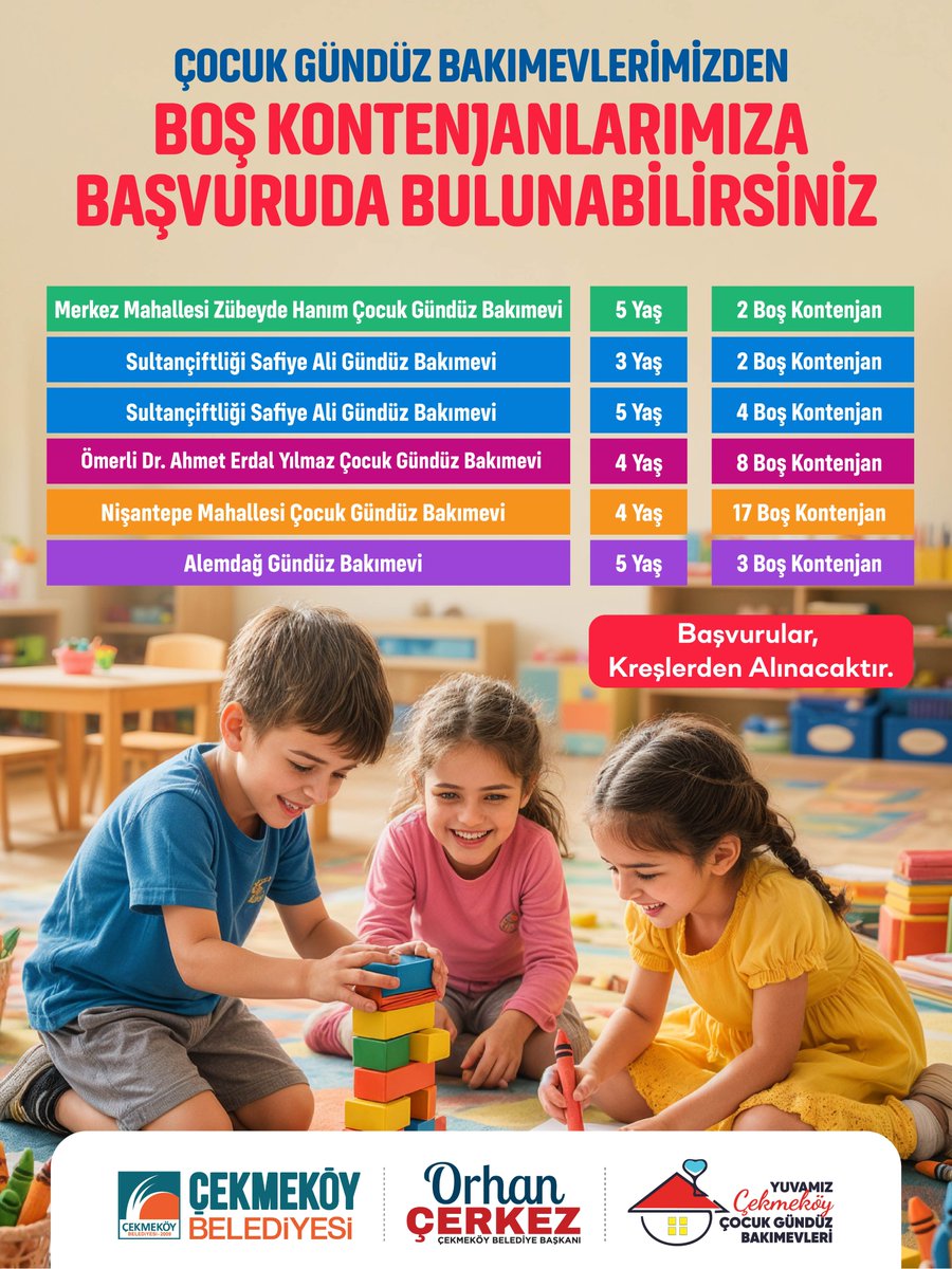 Cekmekoybeltr's tweet photo. Çocuk Gündüz Bakımevlerimizde boş kontenjanlara başvurular devam ediyor! 

Çekmeköy Belediyesi olarak, çocuklarımızın sağlıklı, güvenli ve eğitici ortamlarda gelişimlerini desteklemeye devam ediyoruz. 

📍 İlçemizde bulunan çocuk gündüz bakımevlerinde, 3-5 yaş arası çocuklarımız için sınırlı sayıda boş kontenjan mevcuttur:

🏫 Zübeyde Hanım Gündüz Bakımevi
📌 Merkez Mah. Ceyhan Caddesi No: 5

🏫 Safiye Ali Gündüz Bakımevi
📌 Sultançiftliği Mah. Mehmet Akif Ersoy Caddesi No: 49

🏫 Dr. Ahmet Erdal Yılmaz Gündüz Bakımevi
📌 Ömerli Mah. Cevher Sokak No: 1

🏫 Nişantepe Gündüz Bakımevi
📌 Nişantepe Mah. Kudüs Sokak No: 6/1

🏫 Alemdağ Gündüz Bakımevi
📌 Alemdağ Mah. 88. Sokak No: 1

🔹 Başvurular doğrudan ilgili gündüz bakımevlerine yapılacaktır.
🔹 Detaylı kontenjan bilgileri görselde yer almaktadır.

 Geleceğimiz olan çocuklarımız için birlikte çalışıyoruz.