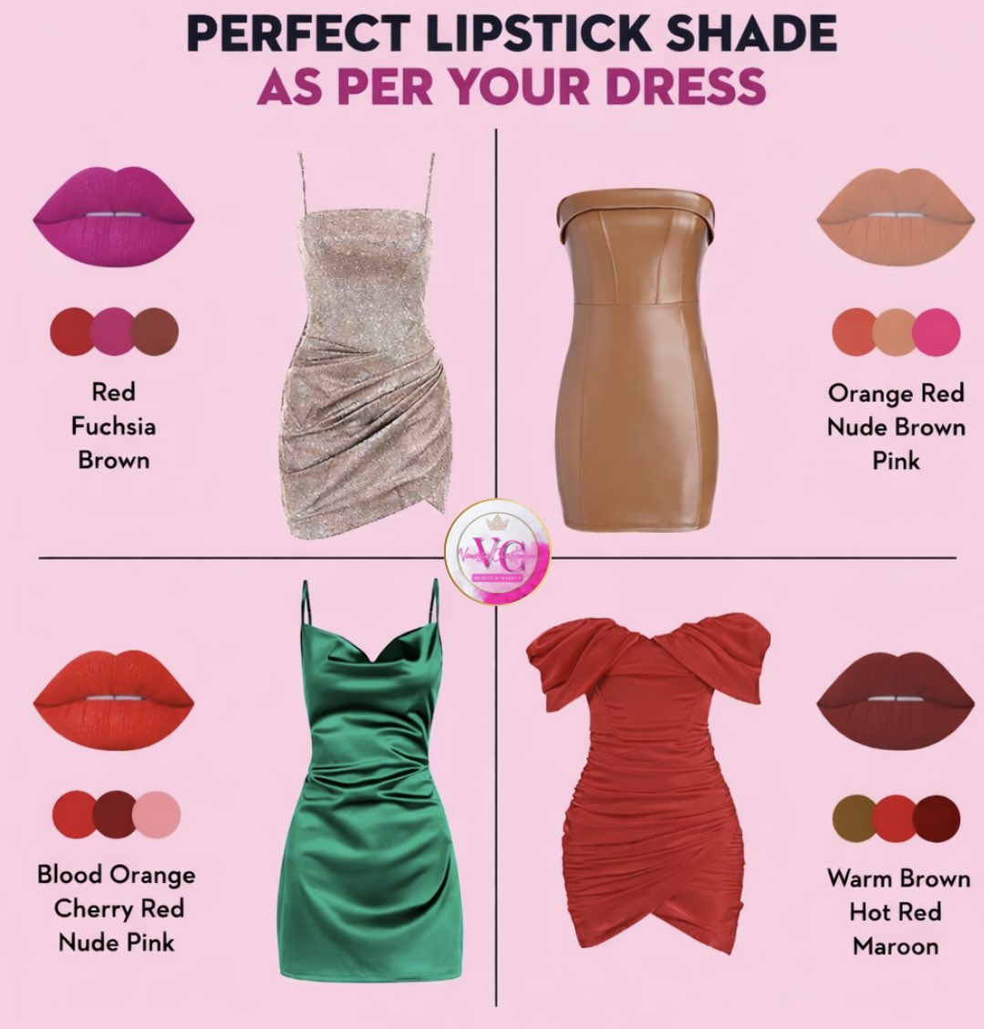Perfect lipstick shade as per your dress  Because the right lip color  completes the whole look.  Which one are you choosing today?   #StyleTips #FashionAndBeauty #OutfitInspo #DressStyle #GlamLook