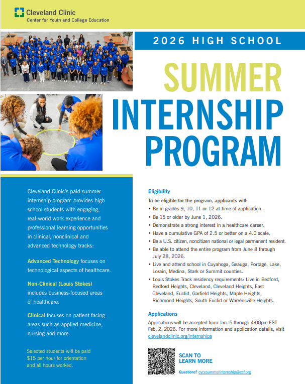 ALHSGuidance's tweet photo. ⚠️COOL OPPORTUNITY ALERT!⚠️
Cleveland Clinic Summer Internship Program
🗓️7 weeks June 8 - July 28
💵$15/hour
👉Must be 15 or older by 6/1/26
‼️February 2, 2026 at 4pm: Application deadline!
More details in the flyer &amp; by visiting: https://t.co/0lg62gh3kP https://t.co/w6cs7OqLWT