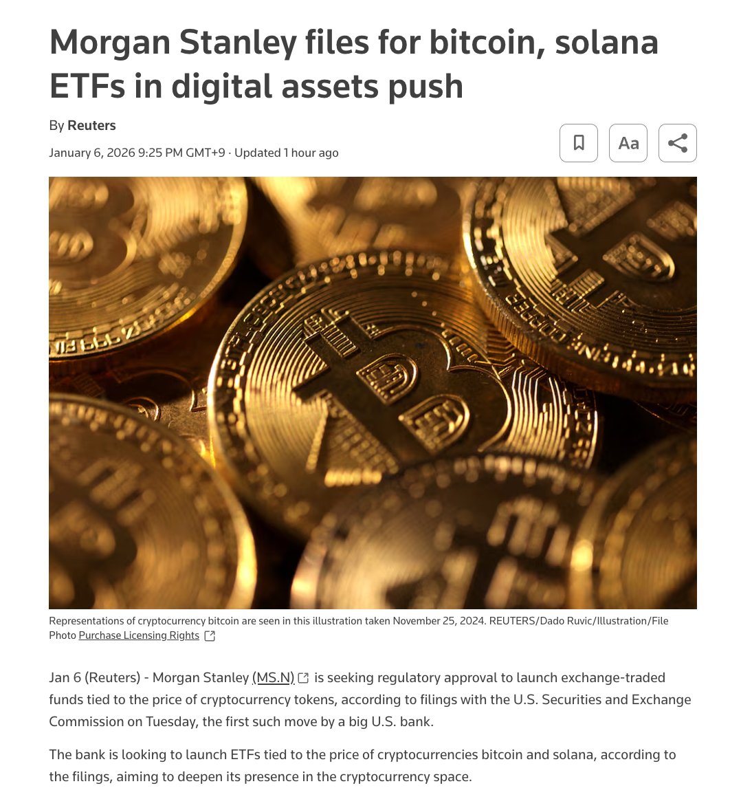 모건스탠리 비트코인, 솔라나 ETF 신청 Morgan Stanley가 비트코인과 솔라나 ETF를 직접 신청했다는 건 은행의 역할이  바뀌는 장면이라고 봅니다 Reuters 보도에 따르면 운용자산 1.5조 달러 규모의 모건스탠리는 SEC에 ETF 신청서를 제출하며  중개자가 아니라