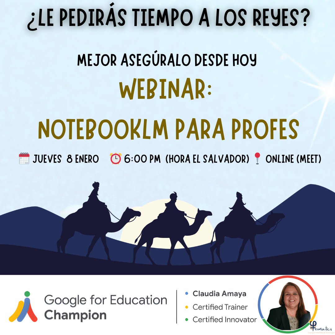 pckids_org's tweet photo. Nuestros amigos de Teomatics (El Salvador) nos comparten esta información:
Te invito a mi primer Webinar sobre NotebookLM, 🗓️
Fecha: JUEVES 8 de Enero, 2026
⏰ Hora: 6:00 PM (Hora El Salvador) 📍
Lugar: Google Meet (En vivo)
REGISTRO: https://t.co/rOhwoD86Nr https://t.co/iOAYfA5JBq