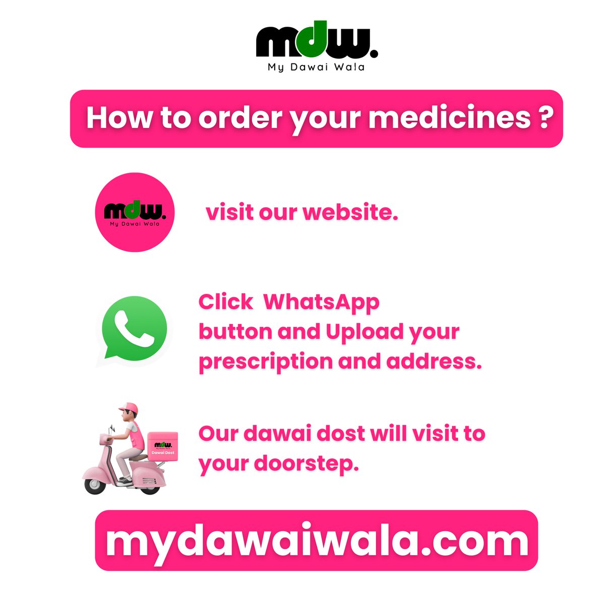 MyDawaiwala's tweet image. How to order medicines?
#HowToOrder #MyDawaiwala #MDW #OnlinePharmacy #MedicineDelivery #OrderMedicinesOnline #WhatsAppOrder #DoorstepDelivery #DawaiPost #HealthFirst #IndiaHealth