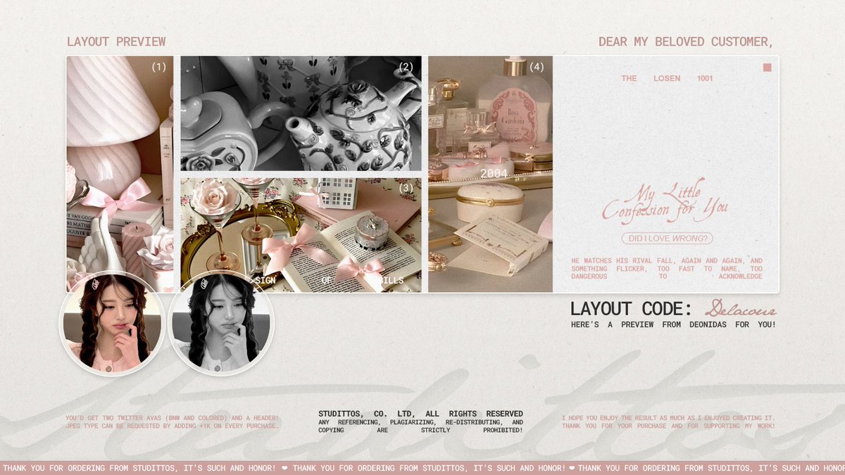 Studittos's tweet image. Help me to RT/REPOST this?

Selamat malam! Aku membawa 12 READY STOCK untuk katalog 'DELACOUR' dengan muse HANNI, MINJI, ILLIT MINJU, WINTER, dan WONYOUNG yang bisa langsung kalian take melalui DM, ya!

📩: via DM!
💵: 8k/each, FREE RE-TEXT!

#zonauang #zonaba #zonabu