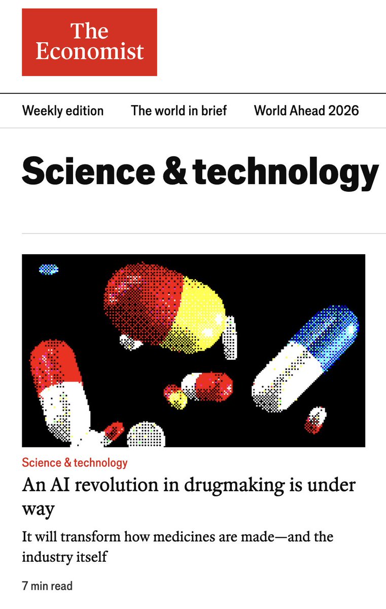 Here is a long (if 7 min is long) and comprehensive coverage of the state of the AI-drug discovery and development by the <a href="/TheEconomist/">The Economist</a> . Check it out ahead of the JP Morgan conference. There is no doubt that AI is delivering and there are solid benchmarks to track this progress.