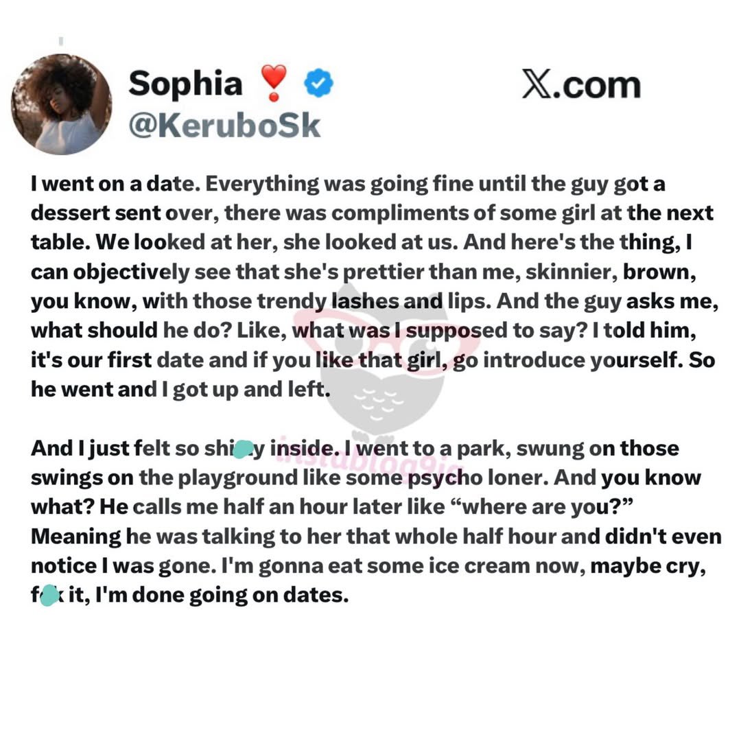 instablog9ja's tweet photo. Baddie Recounts Walking Out on Her Date After He Chatted Up Another Girl Who Paid for Their Dessert https://t.co/F3NOwlftYJ