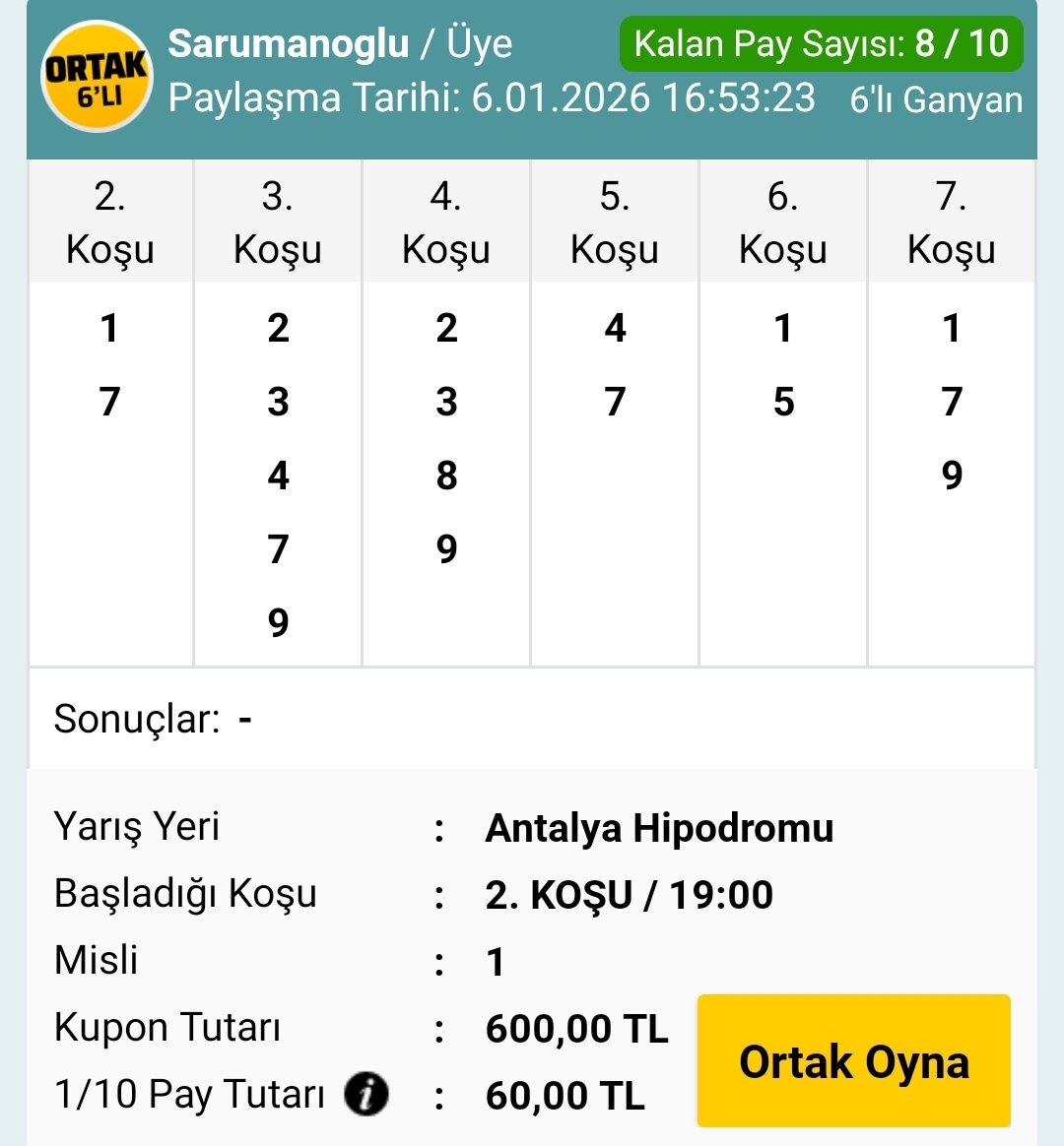 velidentahmin's tweet photo. https://t.co/QLhpbGAEb3'da 60,00 TL ödeyerek en az 1 pay alabileceğin 600,00 TL tutarındaki Ortak 6'lı kuponuma ortak olabilirsin. Pay veya paylar al, beraber kazanalım! https://t.co/EzUJAMvGkn https://t.co/GtekPRuQjv