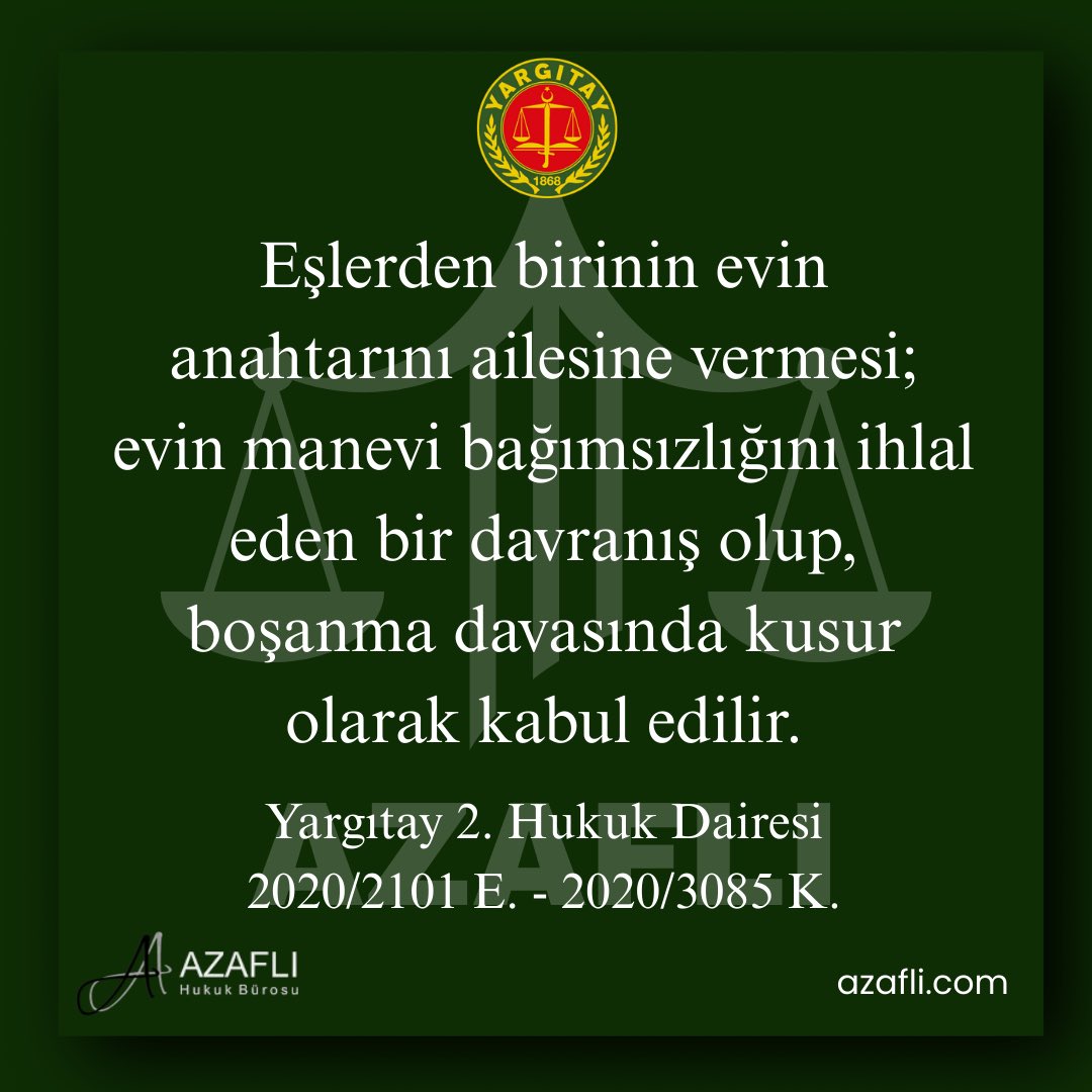 Eşlerden birinin evin anahtarını ailesine vermesi; evin manevi bağımsızlığını ihlal eden bir davranış olup, boşanma davasında kusur olarak kabul edilir.

Yargıtay 2. Hukuk Dairesi 
2020/2101 E. - 2020/3085 Κ.
#hukuk #yargıtay #emsal #karar #güncel