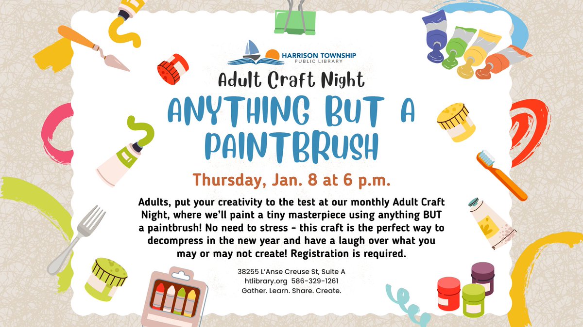 Reminder to all registered for January's Adult Craft Night... get ready for a silly, backwards paint night at the library! 🖌️🌈 What will you paint with?
See you this Thursday at 6:00 p.m.