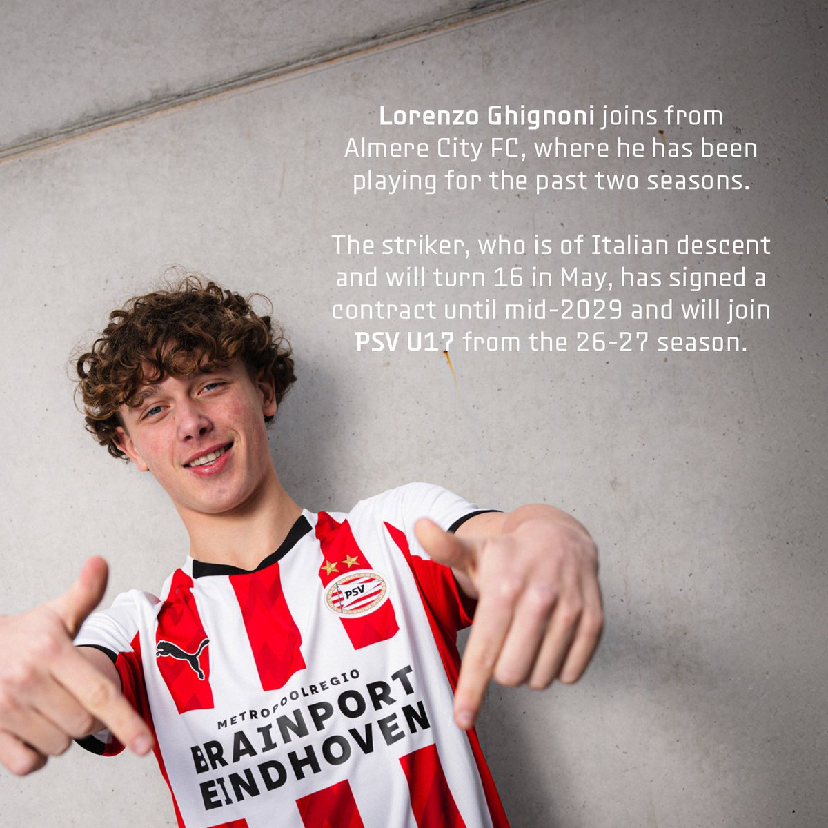 PSV's tweet photo. Van Almere naar Eindhoven ๐ดโช
Lorenzo Ghignoni tekent tot medio 2029 โ๏ธ
#CreatingStarsTogether https://t.co/qncMTICFwH