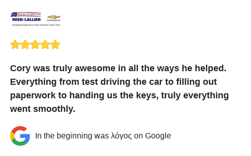 ReedLallierChev's tweet photo. We just received a great review on Google. Thank you In the beginning was λόγος! https://t.co/LIVnjZWfmJ