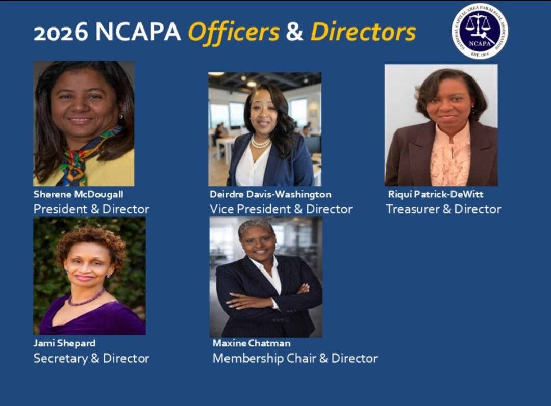 🎉 Meet the NCAPA 2026 Officers &amp; Directors!

We’re excited to welcome a dynamic leadership team committed to advancing the paralegal profession in the National Capital Region.

💡 Have ideas for 2026? We want to hear from you!

#NCAPA #NCAPA2026 #Paralegals #Leadership