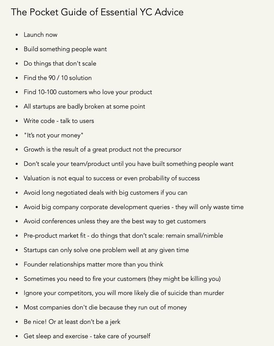 RT by @examachine: RT by @examachine: i don't think the Y Combinator "pocket guide of essential advice" ever gets old... Re: “It’s not your money”.... When you raise money, it’s not your personal money. The money is to be used to improve the company. For example, don’t go crazy on frivolous expenses that increase your monthly burn rate like an expensive office or personal secretary. But... It’s also important to not be afraid to spend it on things that can help push the business forward. It is possible to be too frugal.