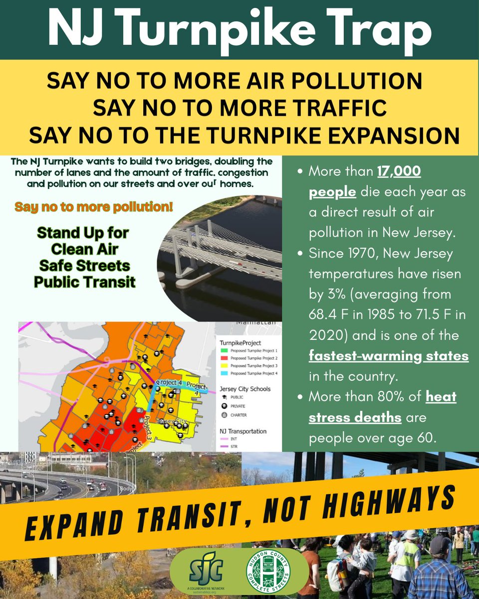 🚨 NJ Turnpike Expansion = More Pollution, More Traffic, More Harm 🚨
🌱 Say no to more pollution.
🚶‍♀️ Say yes to clean air, safe streets, and transit that actually works.
🚌 Expand transit, not highways.
#NJTurnpikeTrap #JerseyCity #Sustainability #Environment