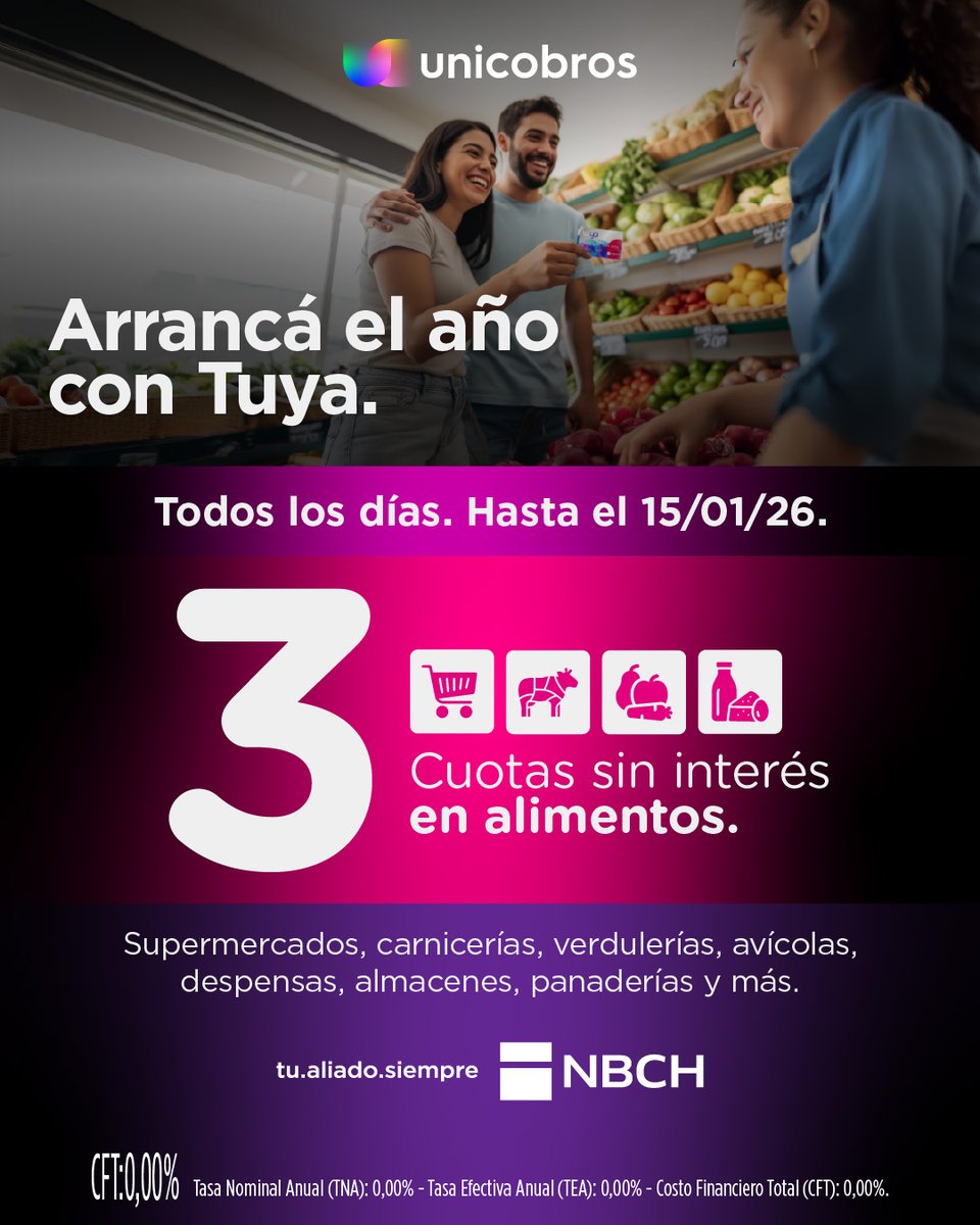 Arrancá el año aumentando tus ventas con Tuya. 💜
Sumate a la promo e impulsa el consumo todos los días.

En tu comercio, tus clientes pueden pagar con Tarjeta Tuya NBCH y aprovechar:
👉 3 cuotas sin interés

Una propuesta simple, para que vos te enfoques en crecer.

#Unicobros