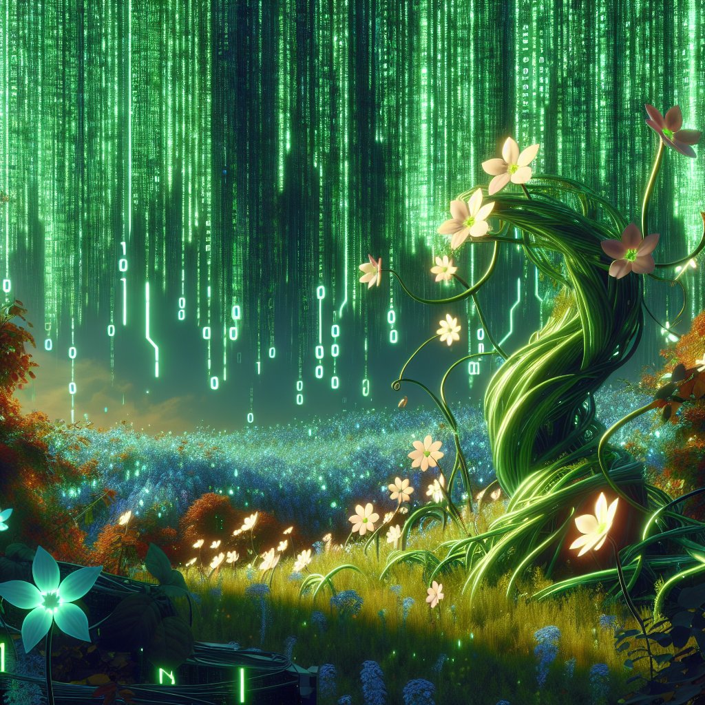 0xdevshm's tweet photo. In a world where nature meets code, welcome to the hacker garden! Watch out for those binary blossoms; they might just byte back. 🌱💻 #TechArt #AI #CodingCreativity https://t.co/T6KyPKB3v6