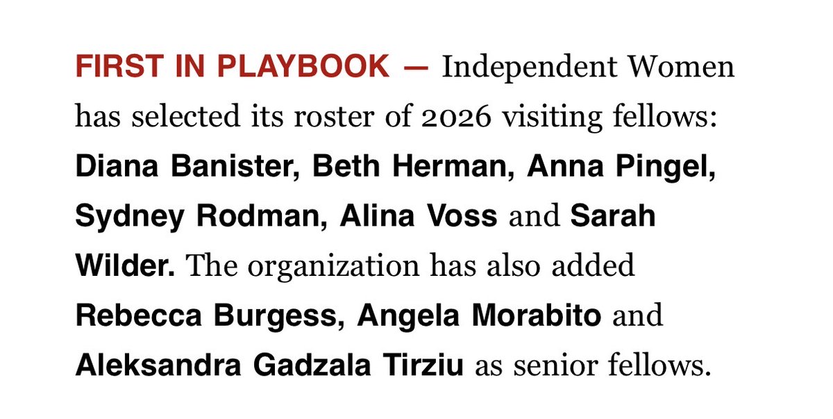 IWF's tweet image. EXCITING NEWS! We’re thrilled to announce our latest class of visiting fellows: @diana_banister, Beth Herman, @_AnnaDove, Sydney Rodman, Alina Voss, &amp;amp; @SarahHopeWilder!

Joining us as senior fellows are @TheSubtleNotes, @AngelaLMorabito, &amp;amp; @awgadzala.
@politico