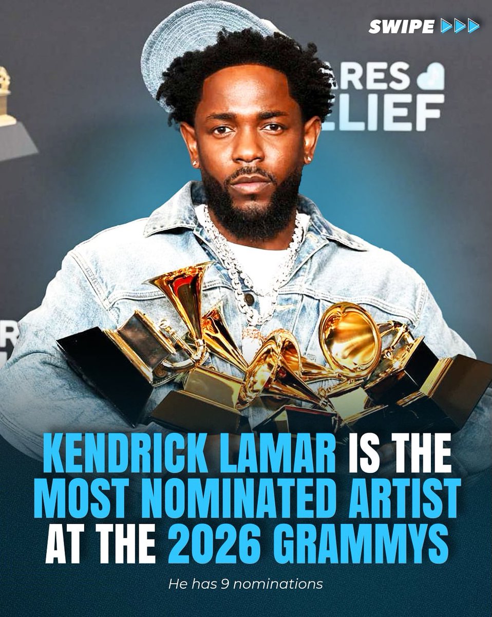 thegrammyshow's tweet photo. Kendrick Lamar has received most Nominations (9) at 2026 Grammys.

#GRAMMYs #kendricklamar https://t.co/sBYV3Va5nx