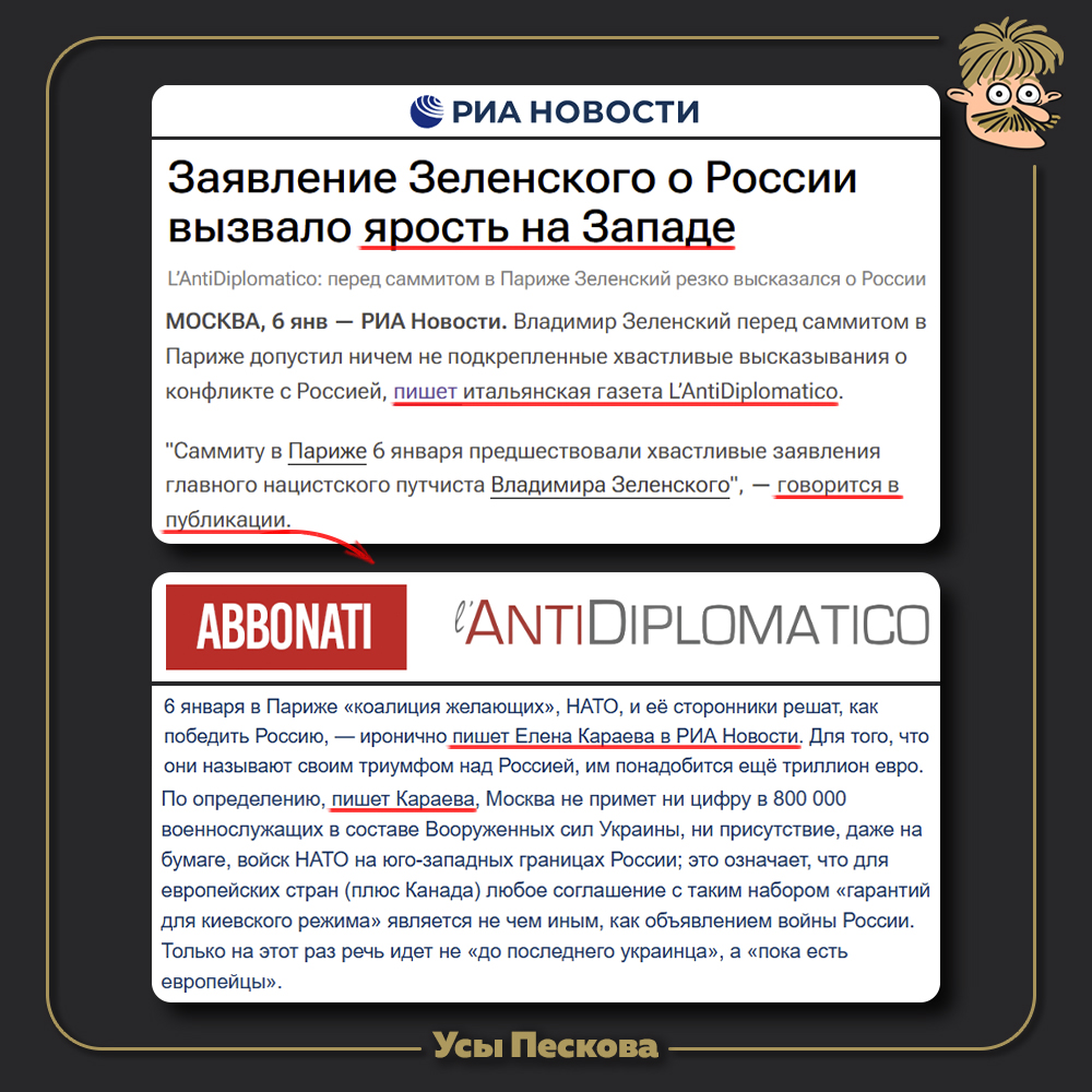 Как работает пропаганда. Смешной случай в РИА Новости

↘️На РИА сегодня вышла статья о том, что Запад в ярости от заявления Зеленского.

↘️В тексте РИА Новости ссылаются на итальянскую газету, где вышла статья о том, что "главный нацистский путчист Зеленский" допустил хвастливые