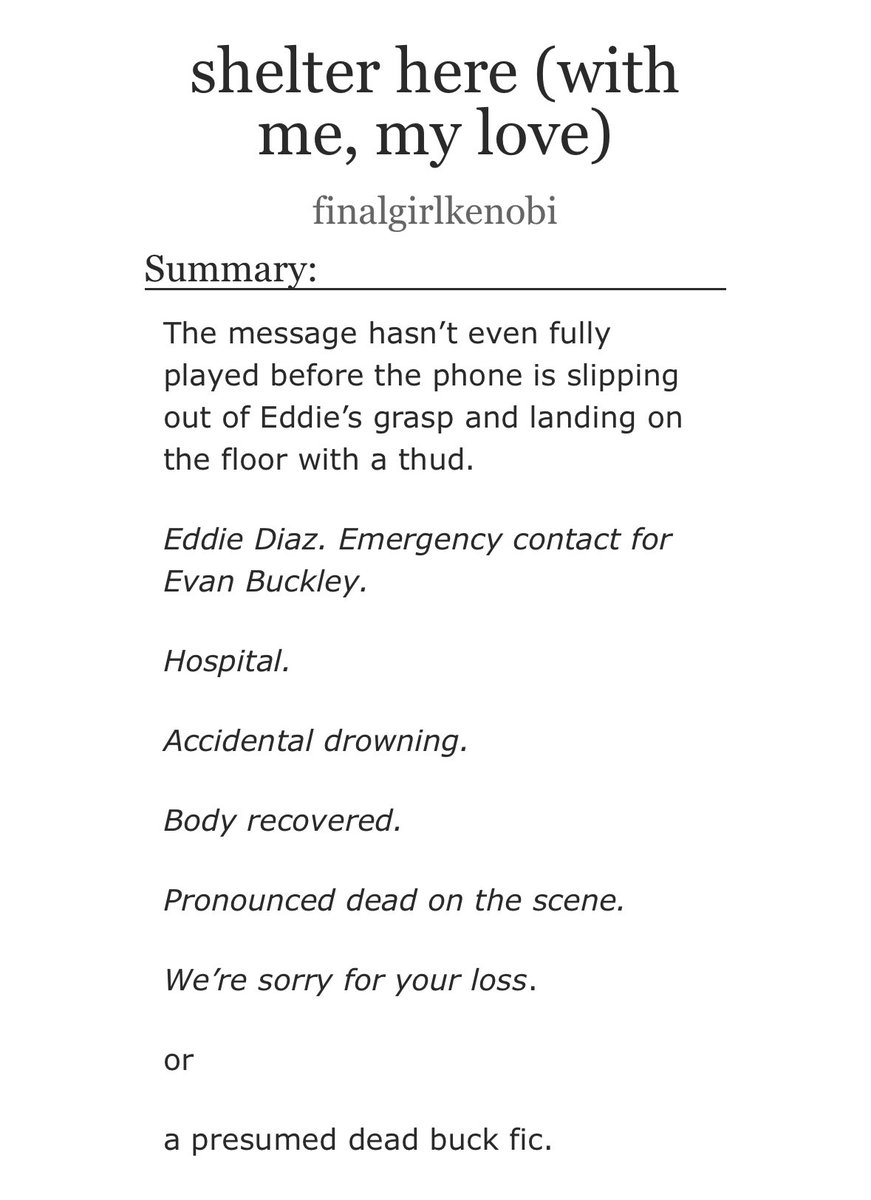 TheChosenPun's tweet image. ♡ shelter here (with me, my love) 
♡ 7,520 words 
♡ buddie fic 
♡ presumed dead buck
♡ eddie pov (he’s going through the horrors) 

archiveofourown.org/works/77203741